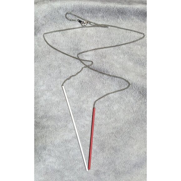 Modern Abstract Red And Silver Tone Asymmetrical Tube On Chain Necklace - Picture 4 of 5